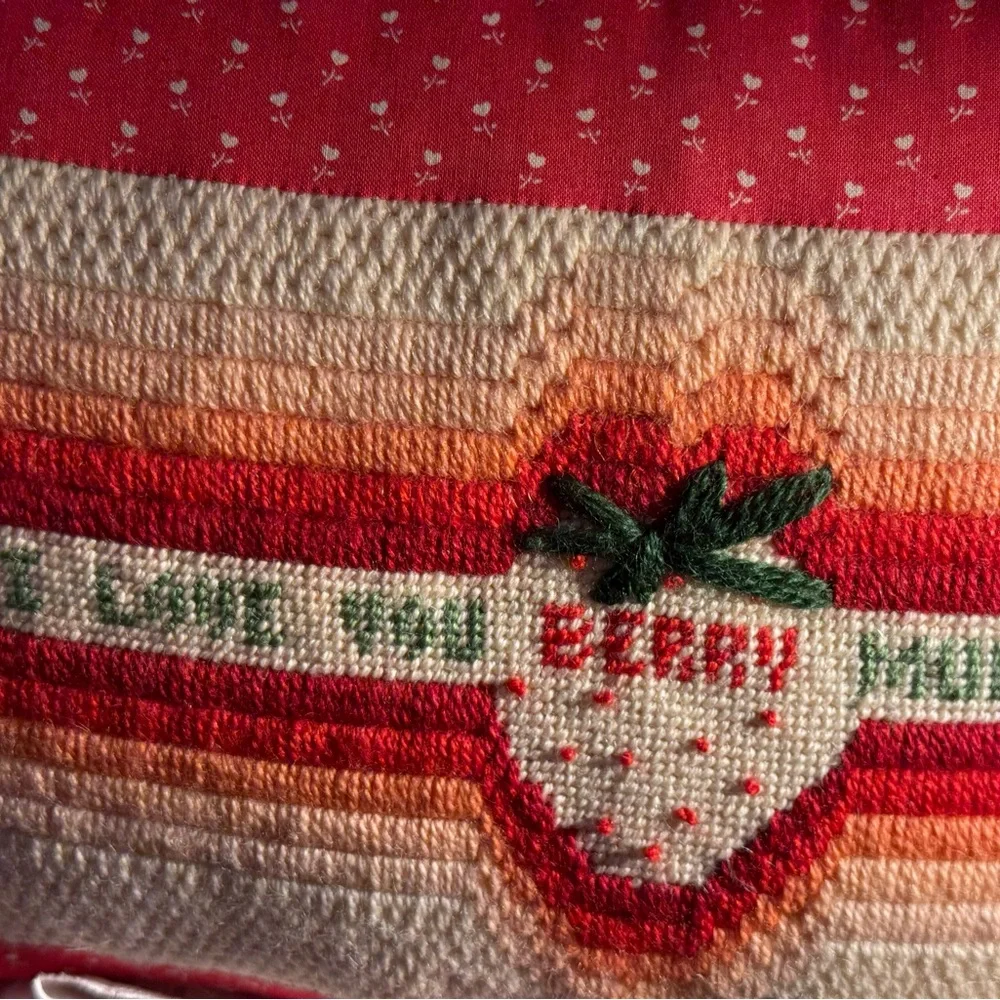 Strawberry Embroidered Pillow cottage core, grannycore  handmade raffled‎